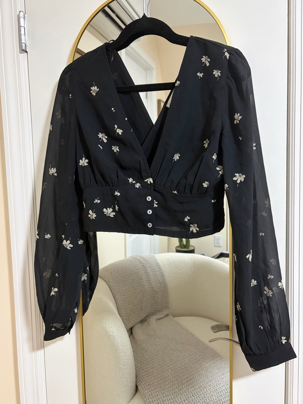 OAK + FORT Black Floral Wrap-Style Blouse